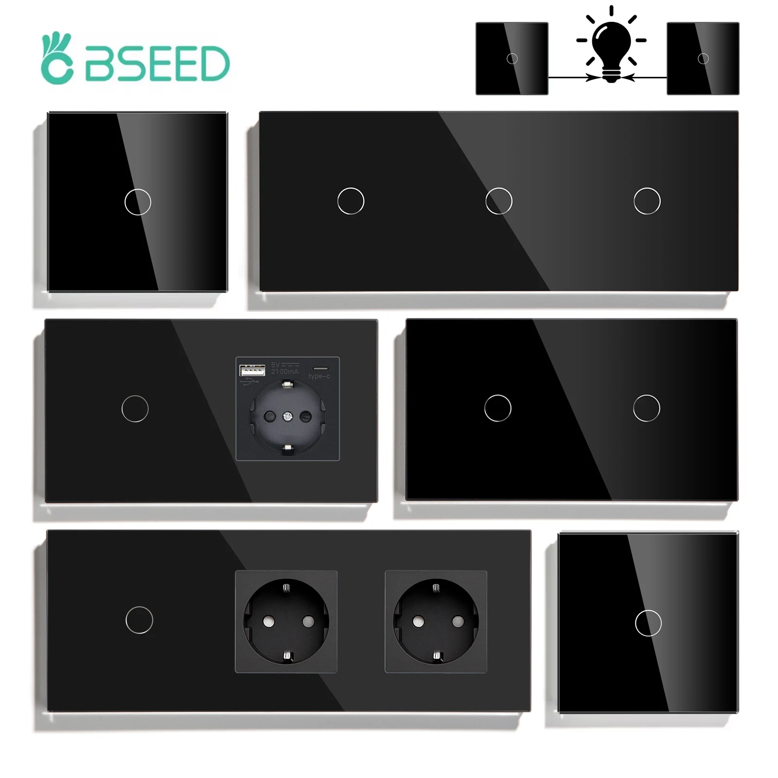BSEED 1/2/3Gang บันไดสวิทช์สัมผัส 1/2/3Way ผ่านสวิทช์ Plus EU Power ซ็อกเก็ต Type-c ปลั๊ก USB แผงคริสตัลแก้วคริสตัล 1