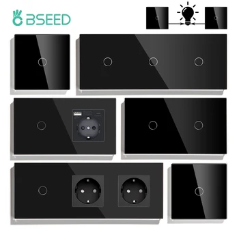 BSEED 1/2/3Gang บันไดสวิทช์สัมผัส 1/2/3Way ผ่านสวิทช์ Plus EU Power ซ็อกเก็ต Type-c ปลั๊ก USB แผงคริสตัลแก้วคริสตัล 1
