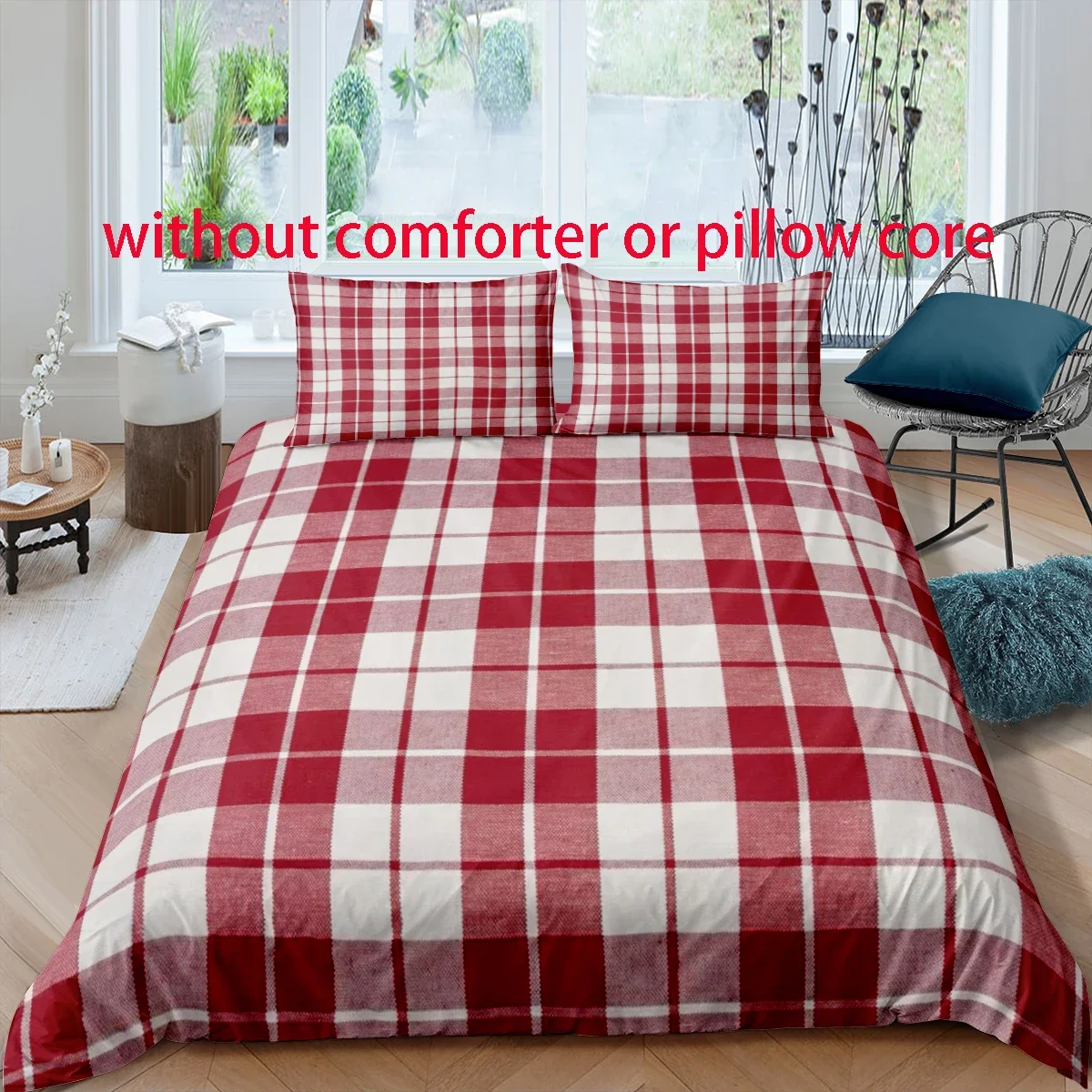 Red Plaid style Digital Printed Duvet Set - Polyester - Bedroom Decor -1 bed cover +2 pillowcases (no pillow core)