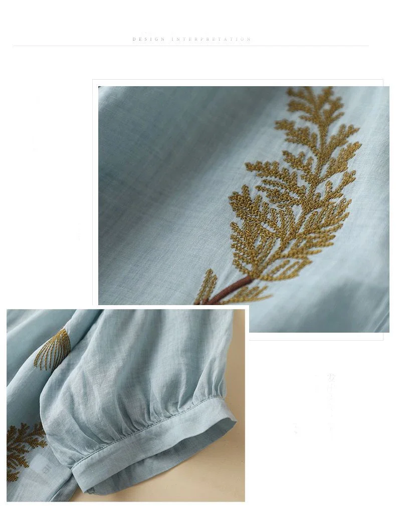 女性用7ポイントコットンリネン刺繍シャツ,ルーズカジュアル