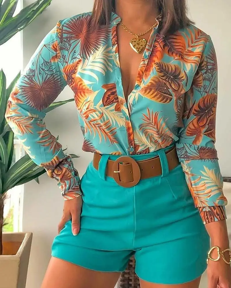 Women Long Sleeve Floral Printed Deep V Sexy Tops Blouse and Shorts Sets Casual Spring Shirts Female