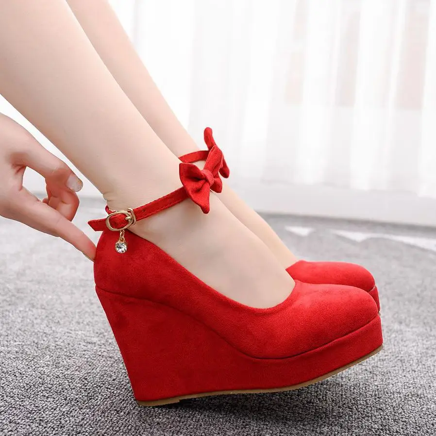 Womens Ankle Strap Wedge High Heels Round Toe Pumps Platform Buckle Fashion Shoe