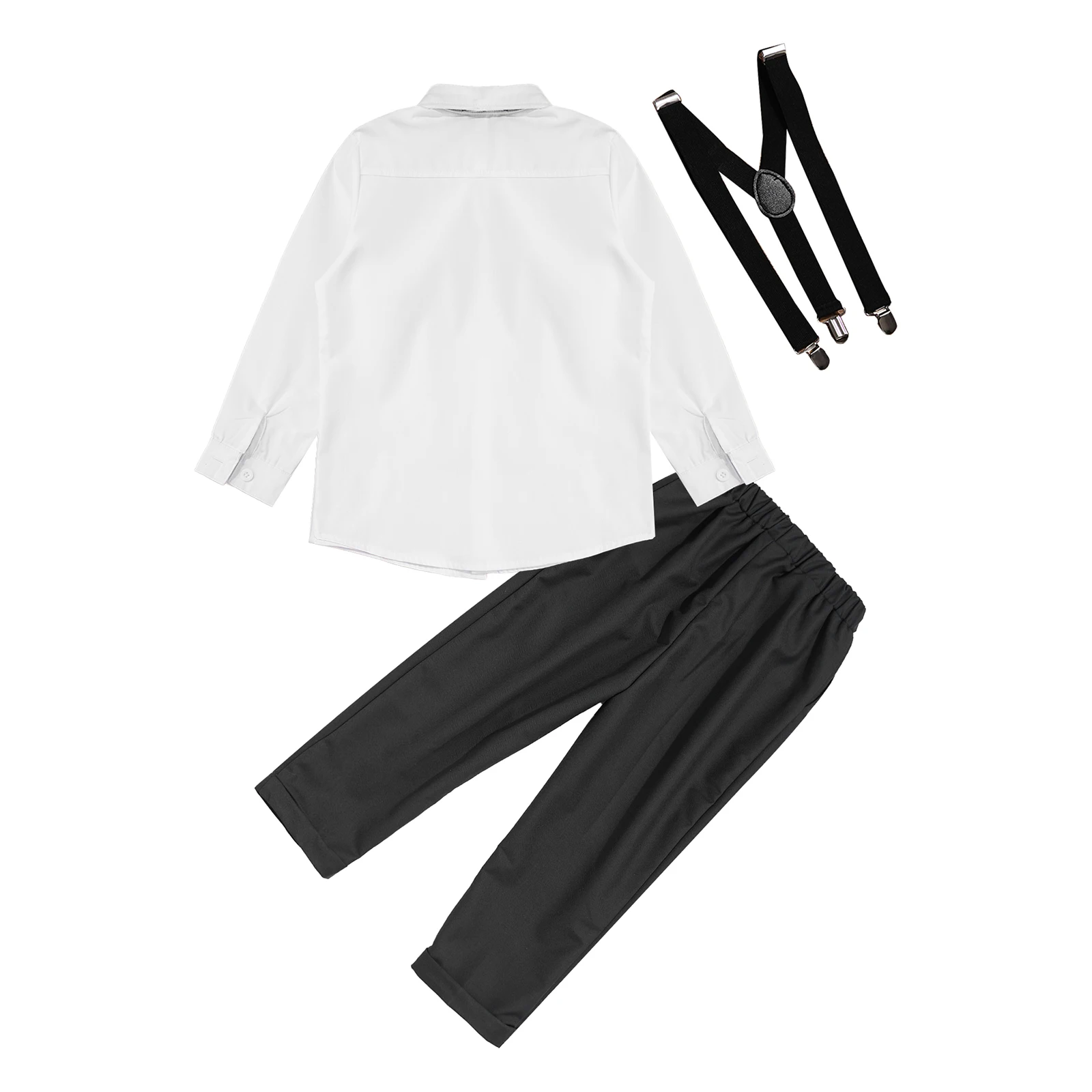 Fashion Kids Boys Gentleman Suit Spring Autumn Long Sleeve Shirt+Bowtie+Suspenders+Pants Outfit 4Pcs Formal Birthday Party Wear