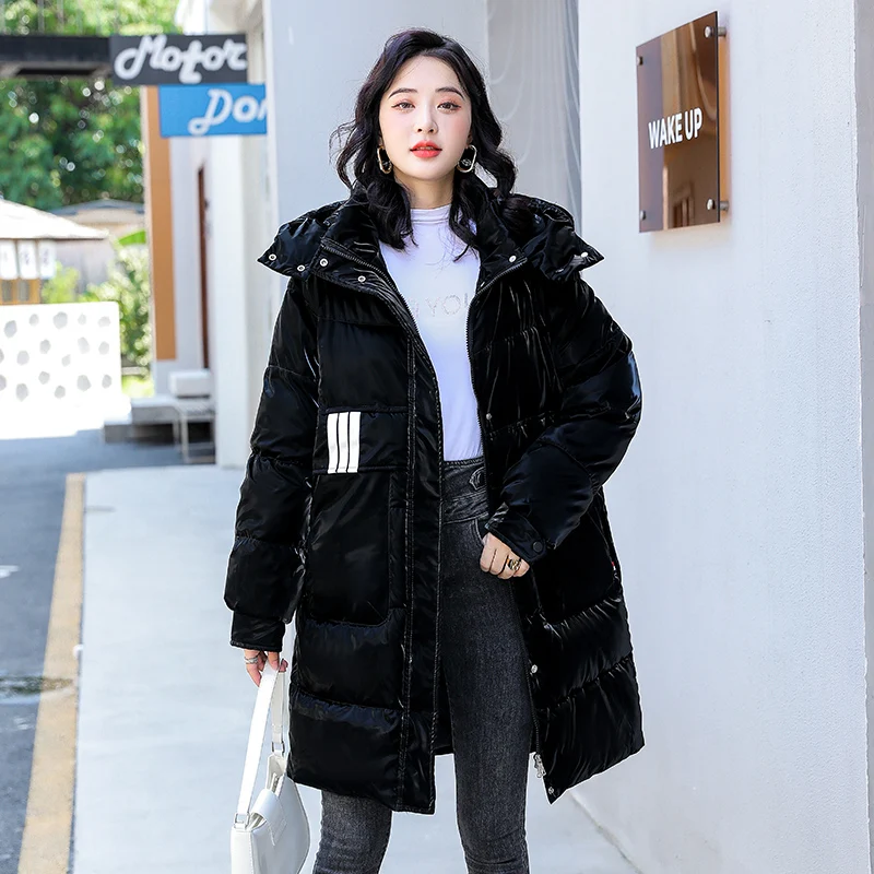 

Women Shiny Down Padded Jacket Overcoat 2023 Winter Hooded Warm Parka Female Outwear Korean Mid-Length Loose Thicke Coat Casaco