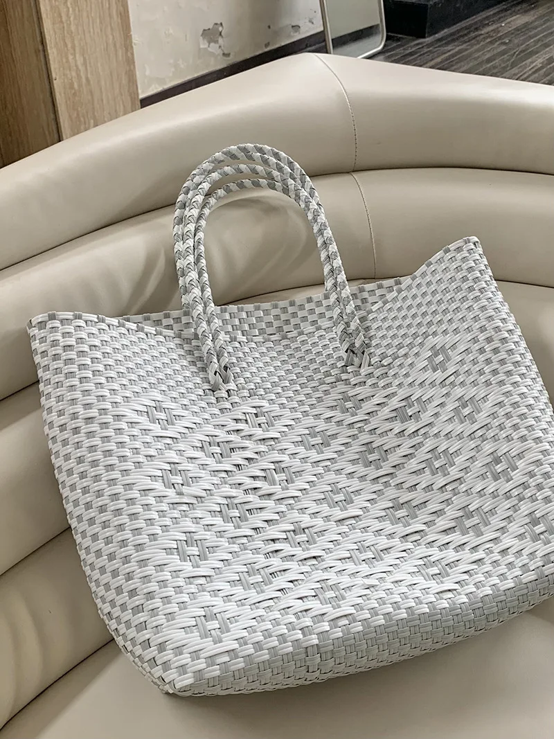 Women's PVC Candy Color Woven Handbag Causal Tote Bags Fashion Large Capacity Vegetable Basket Bag Plastic Hnadle Beach Bag