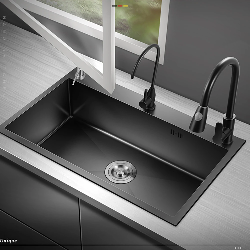 

Large Single Slot Wash Basin Stainless Steel Topmount Sink Waterfall Sink KitchenWith Multifunction Touch Waterfall Faucet AA44