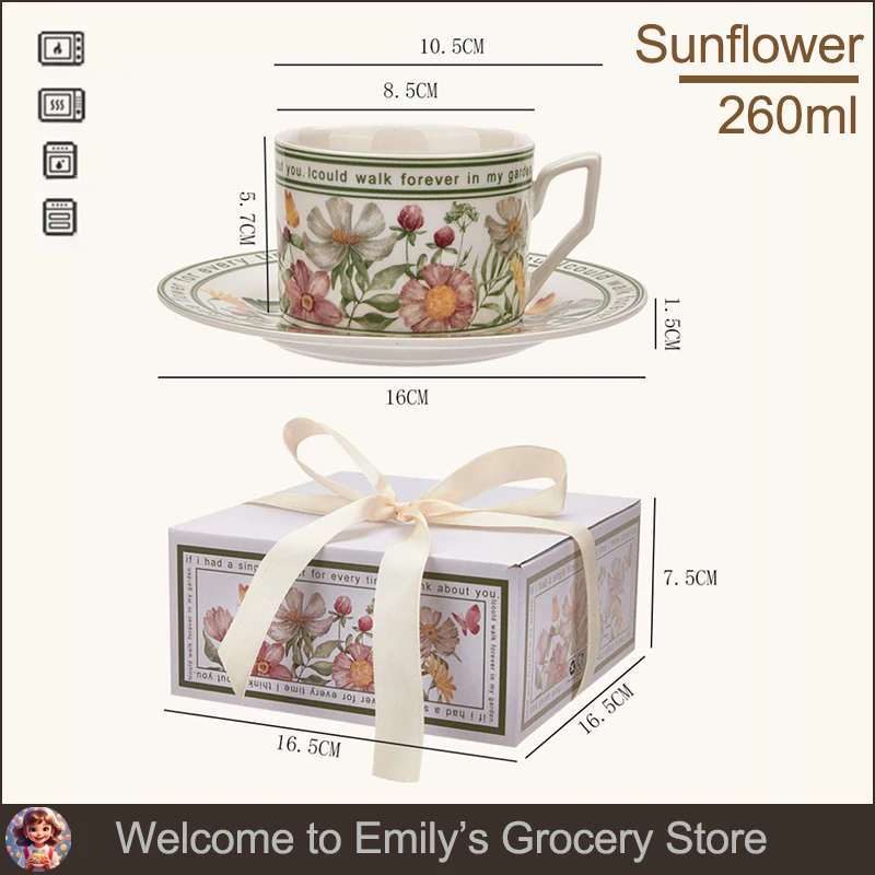 260 ml Französisch Vintage Teetassen und Untertasse Set Licht Luxus Floral Keramik Becher Espresso Tasse Home Office Sonnenblumen Kaffeetassen Geschenk – Detail 17