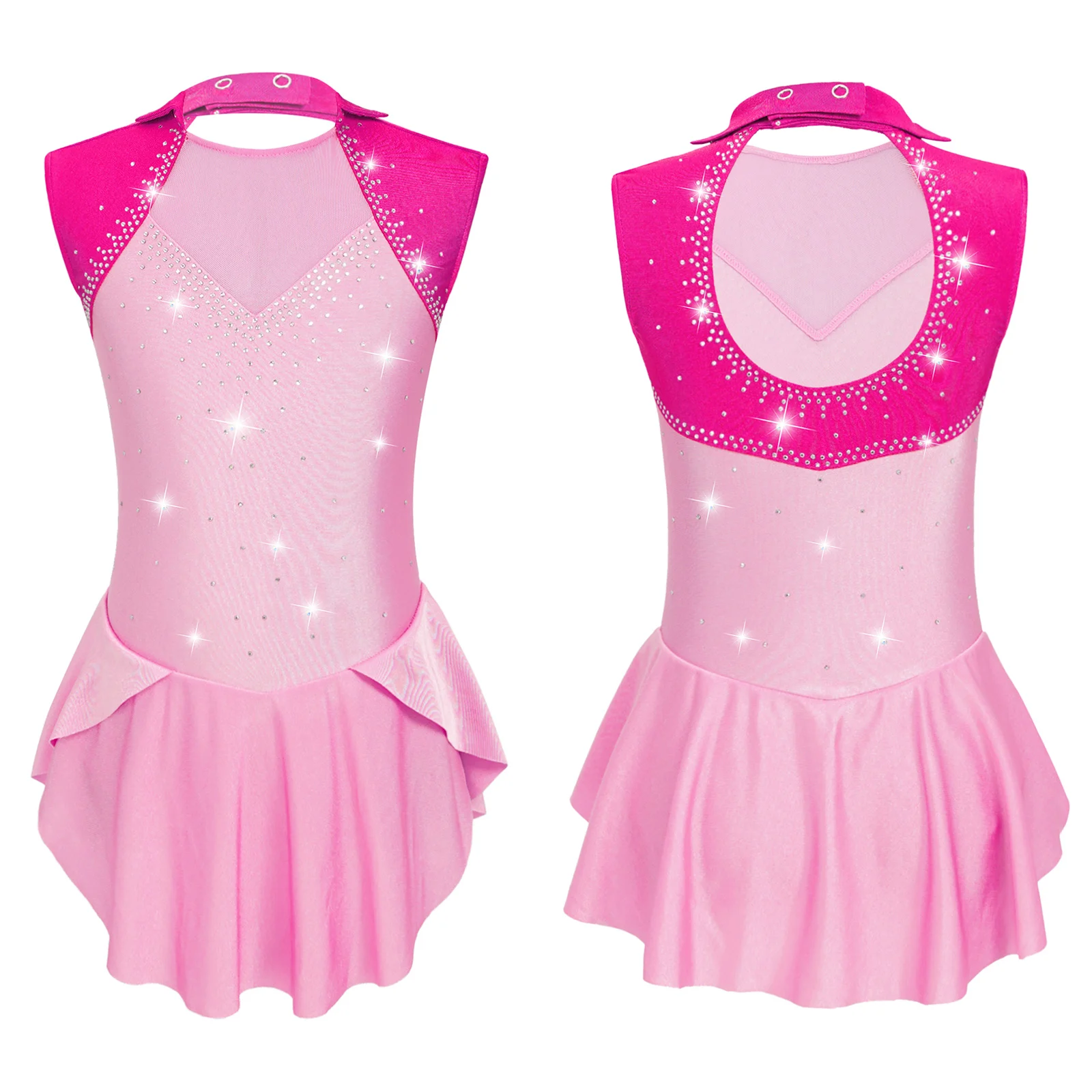 

Rhinestone Mesh Splice Figure Ice Skating Dress Kids Girls Sleeveless Gymnastics Ballet Leotard Dress Performance Dance Costumes
