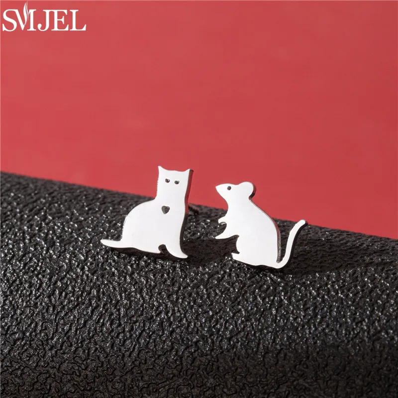 SMJEL Mini-Tier-Ohrringe aus Edelstahl, kleine Hunde-Ohrstecker für Frauen, Cartoon-Katzen-Maus-Ohrringe, Modeschmuck, Brincos Mujer – Detail 8