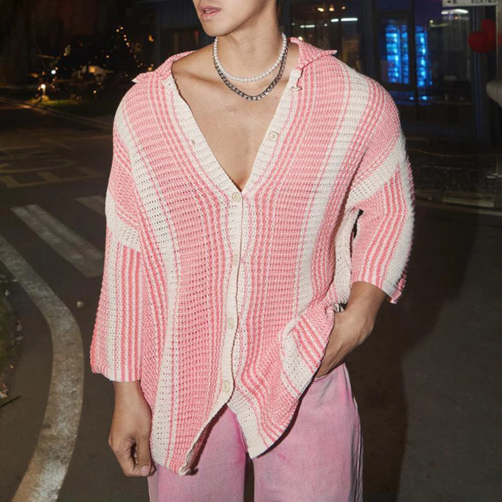 Mens Sexy Hollow Contrast Color Short-Sleeved Knitted Shirt Genderless 2024 New Casual Personality Versatile Thin Style Unisex