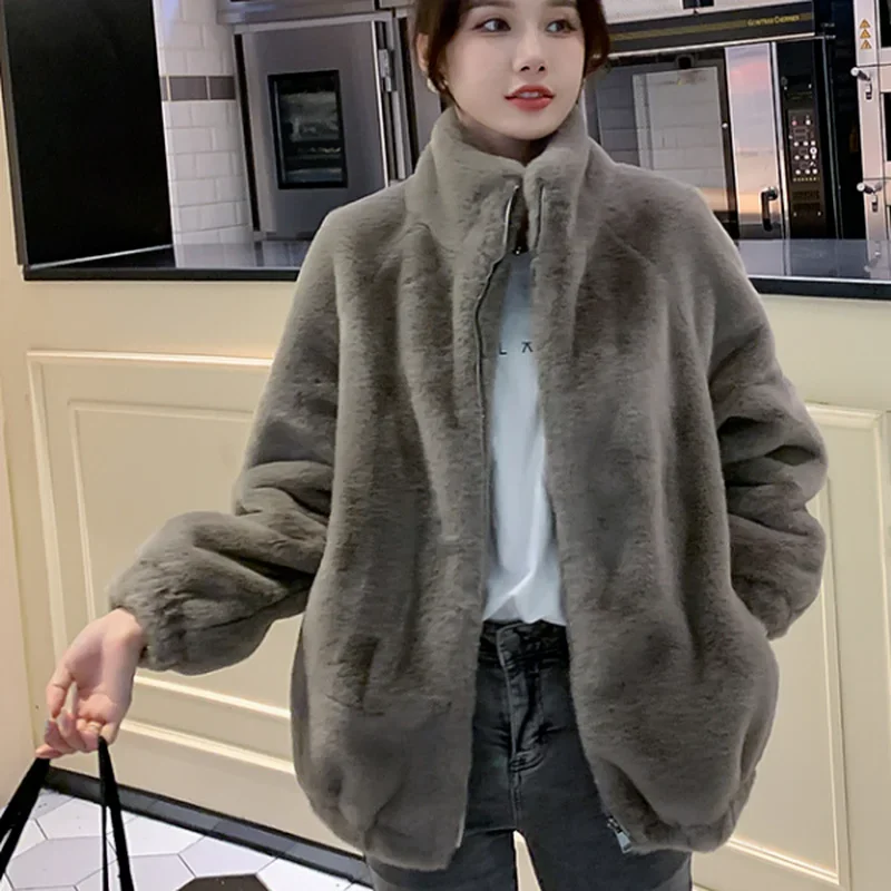 Korea Autumn and Winter 2022 Temperament Elegant Lapel Slotted Loose Pockets Warm Mink Imitation Fur Fashion Jacket Women's