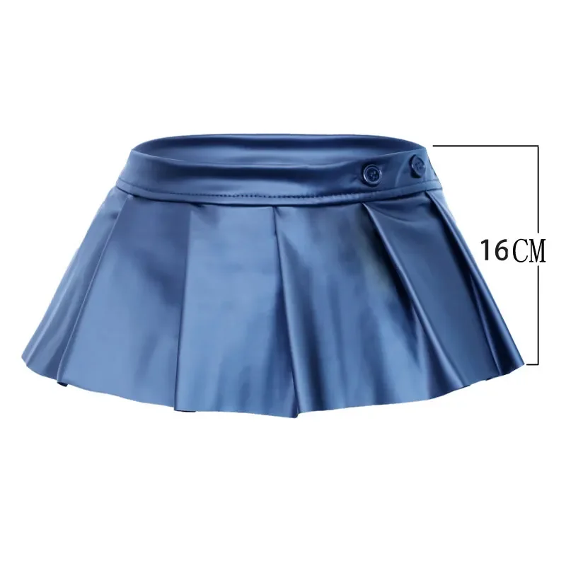Sexy Gloosy Faux Leather A-Line MINI JK Skirt Low Rise Waist Ruffled Adjustable Mini Skirt Club Pleated Party Pole Dance