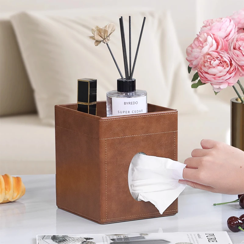 

PU Leather Tissue Box with Storage Tray Creative Roll Paper Pumping Box Home Hotel Desktop Tissue Container Box Bedroom Decor