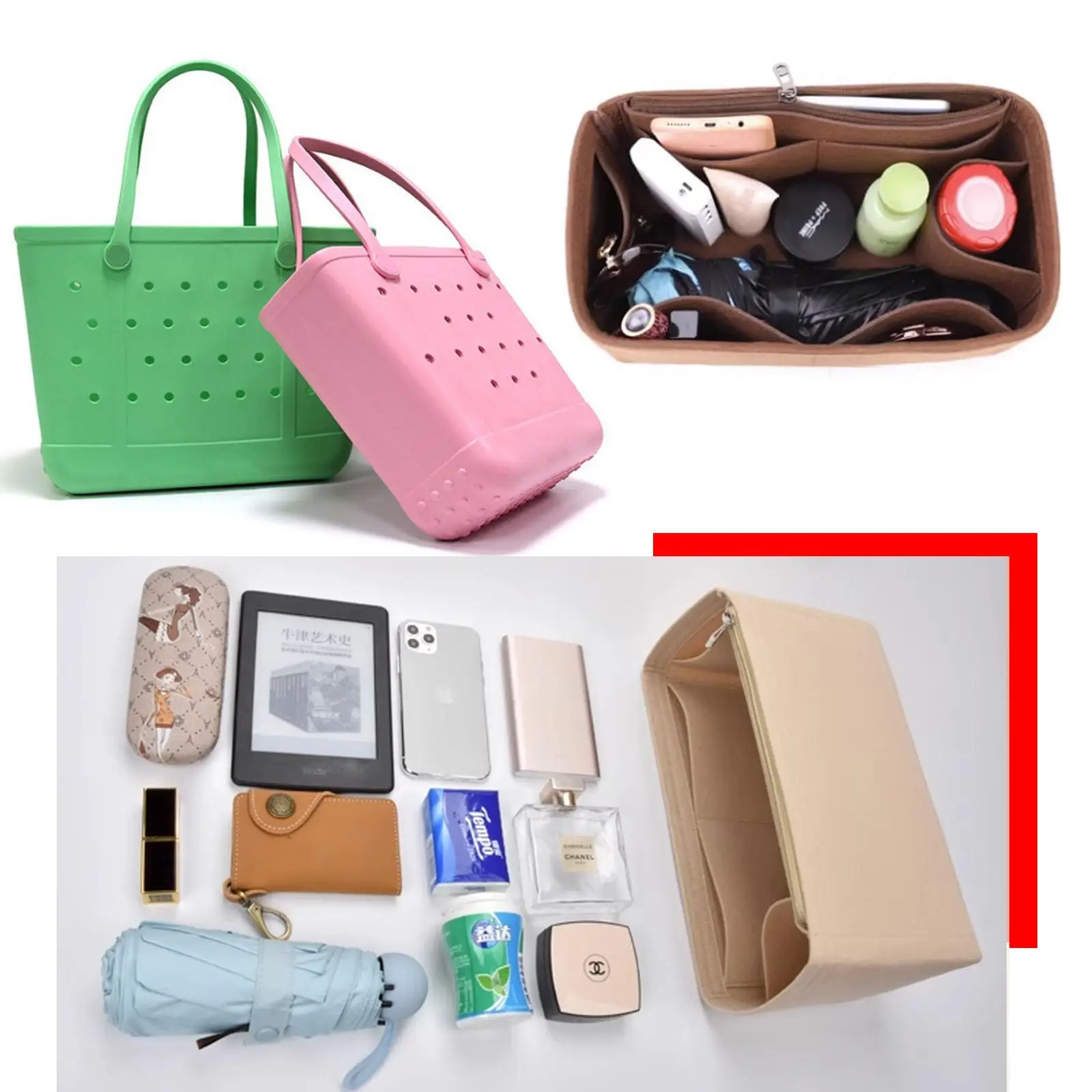 Rubber Beach Bag Organizer Liner Compatible with Bogg Bag/Simply Southern Tote, Felt Insert Divider Pouch Zipper for Bags Access