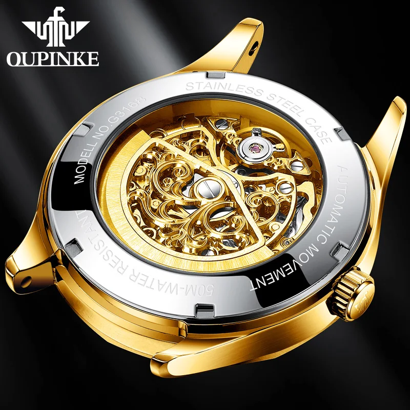 OUPINKE 3168 Luxury Mens Watches Transparent Hollow Out Tungsten steel Automatic Mechanical Watch 50m Waterproof Man Wristwatch
