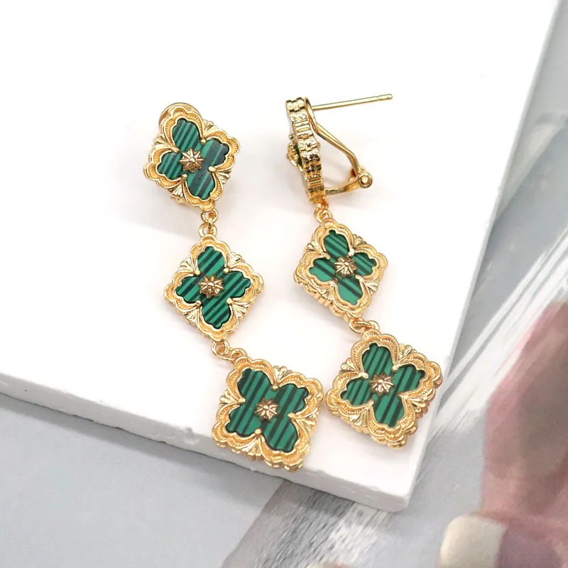 Italian Brand Style Tri Flower Four Leaf Ear Cuff Dangle Turquoise Agate Tiger Eye Ear Drop Cuff Earring Original Quality Jewel