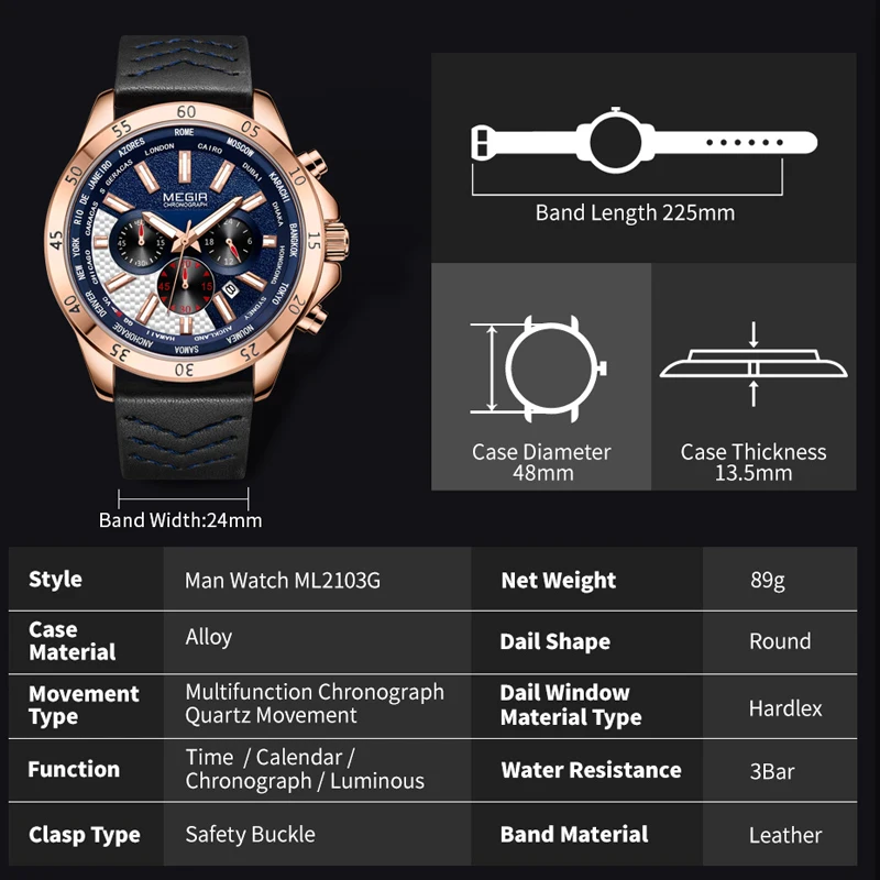 MEGIR Sport Quartz Watch for Men Fashion Leather Strap Waterproof Luminous Calendar Chronograph Watches Mens Relogio Masculino