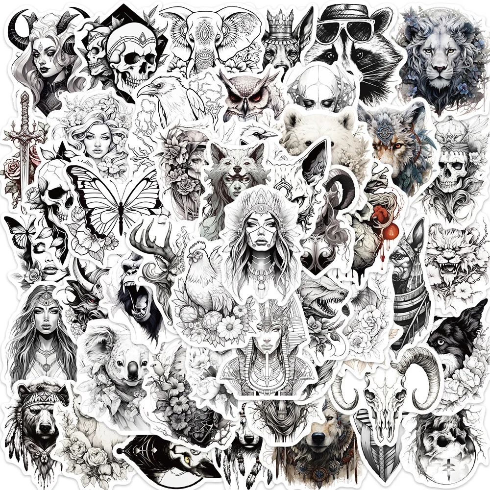 50Pcs Black White Gothic Graffiti Stickers Aesthetics for Laptop Bike Car Stationery Bike Motorcycle Helmet Cool Decals 10 30 50pcs black and white horror punk gothic pattern graffiti sticker suitcase notebook skateboard sticker toy wholesale