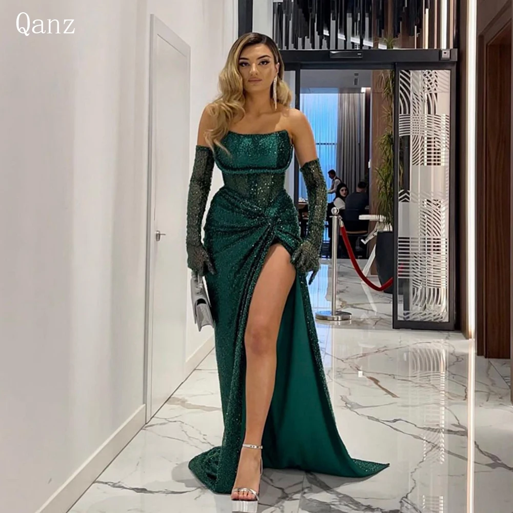 

Qanz Luxury Saudi Arabia Mermaid Evening Dresses Glitter Sequins Split Formal Occasion For Women Train Abendkleider Luxus 2024