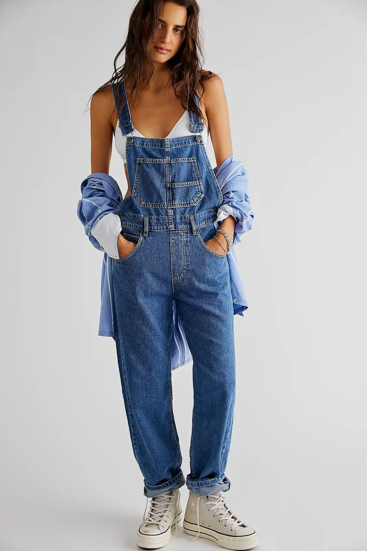 

Women's Clothing Solid Color Diagonal Pocket Denim Jumpsuit with Sleeveless Diagonal Back Overall Denim Jumpsuit