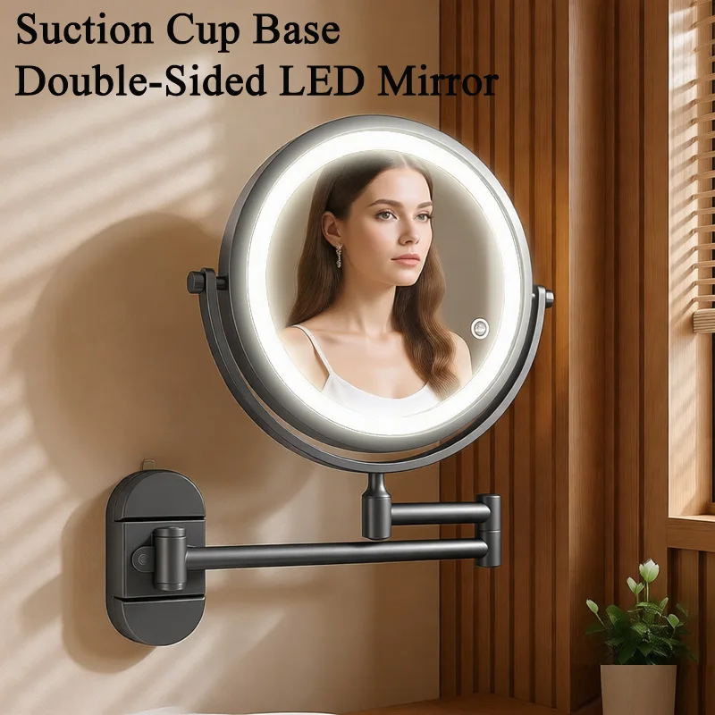 กระจกแต่งหน้า LED ฐานยึดแบบสุญญากาศ, กระจกเครื่องสำอางสองด้านขนาด 8 นิ้ว, ควบคุมการเปิด-ปิดด้วยระบบสัมผัส ไฟ 3 สีผ่าน USB, กำลังขยาย 3 เท่า 1