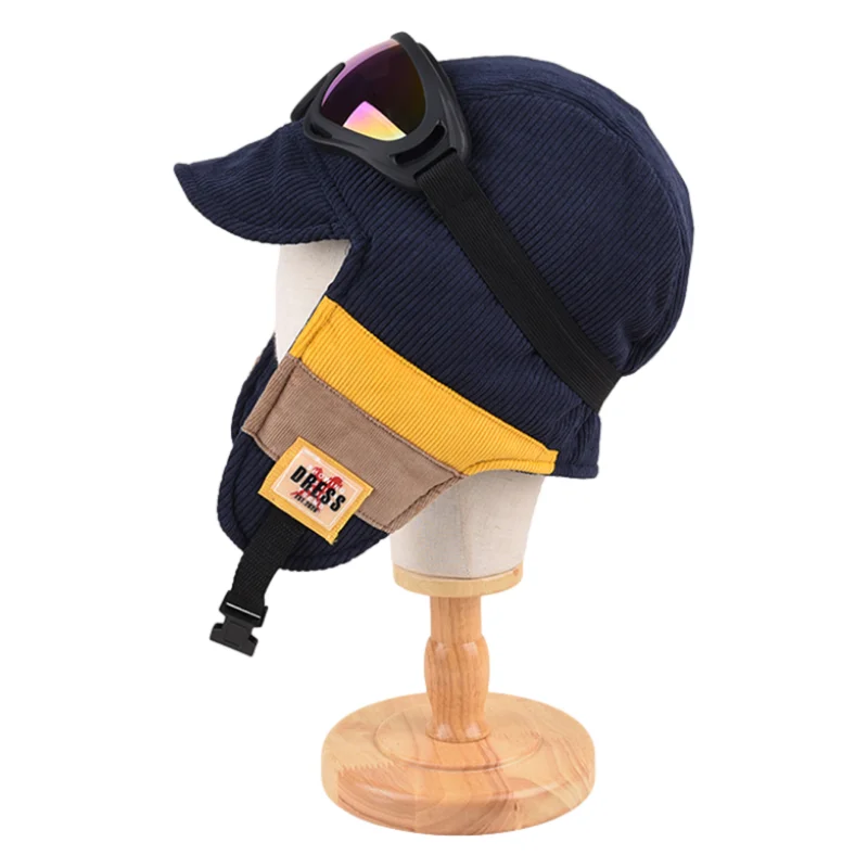 

Pilot Lei Feng Hat Female Winter Fashion Warm Corduroy Bomber Hat Male Eye Protection Windproof Ski with Glasses Motorcycle Hats