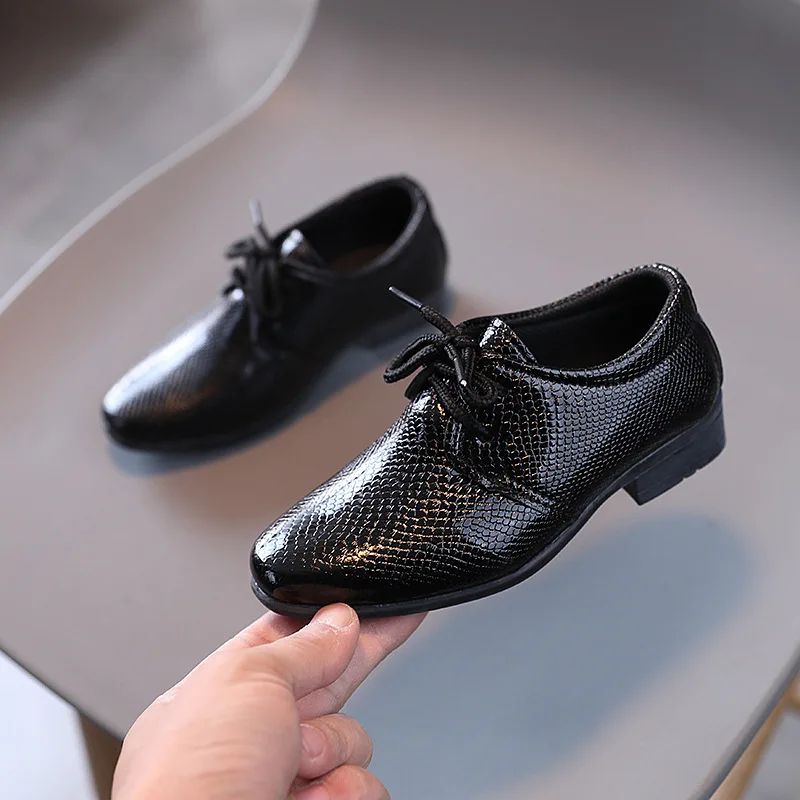 Child Boys Black Leather Shoes Britain Style for Party Wedding Low-heeled Lace-up Kids Fashion Student School Performance Shoes