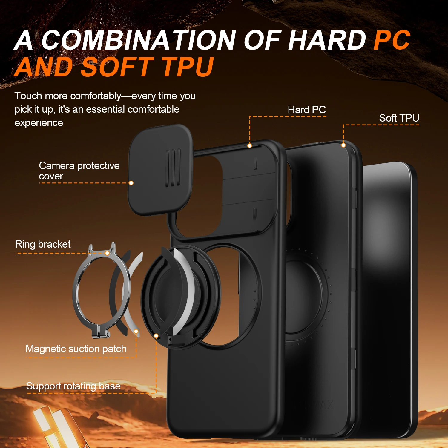 Slide Camera Protection Shockproof Magnetic Back Cover with Upright Kickstand