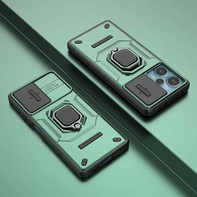 Cover Armor Per Xiaomi Poco F5 Pro - Custodia TPU+PC Antiurto Con Anello Porta E Slot Carte Scorrevole - Verde