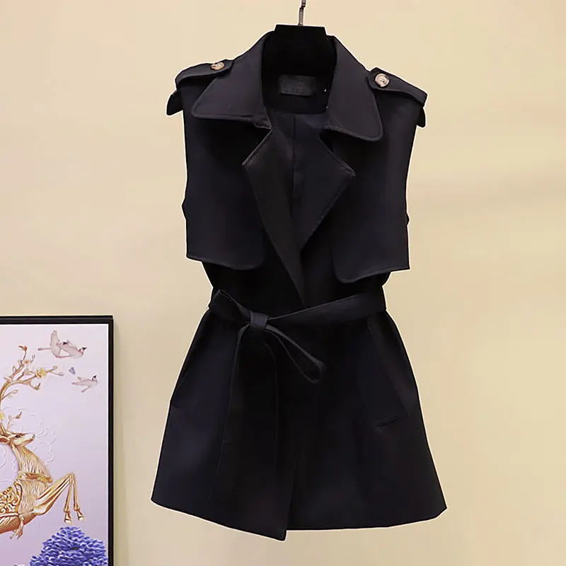 2023 초가을 새로운 인기 있는 영국 정장 조끼 민소매 트렌치 코트, 여성 느슨한 작은 벨트 조끼 겉옷 