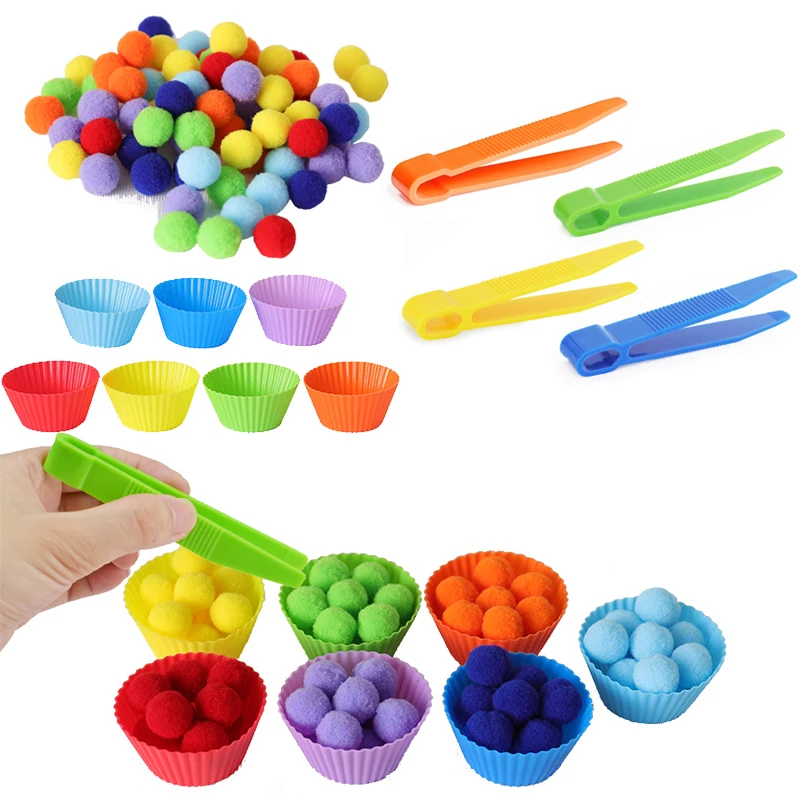 Children Counting Sorting Toys 70 Pompoms 7 Colors Matching Cups 4