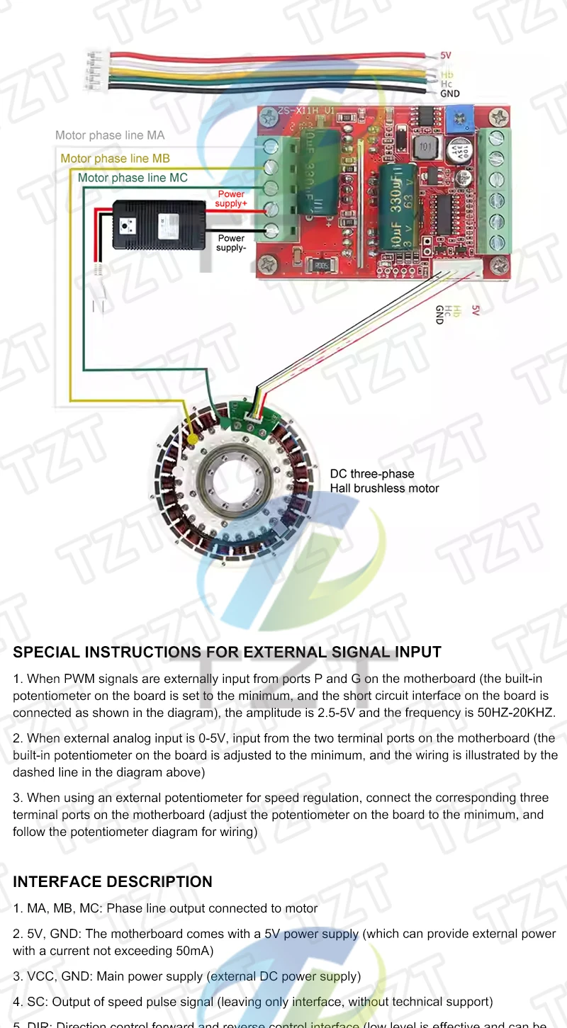 DC 6-60V 300/380/400W 35/25/20A BLDC Dreiphasen-DC-Bürstenloser Motorcontroller PWM Hall-Motorsteuerungsplatine 12V 24V 48V – Detail 11