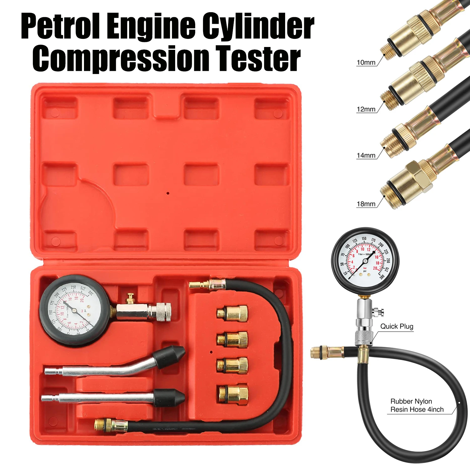 Kit Tester Compressione Motore - 0-300 Psi - Con Adattatori M10 M12 M14 M18 - Per Auto - Foto 8