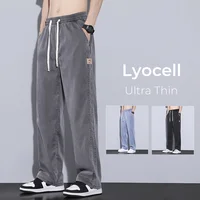 2024 Summer Ultra Thin Lyocell Men's Fashion Loose Jeans Stretch Straight Drawstring Wide Leg Casual Denim Long Pants for Men
