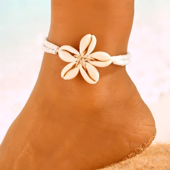 Bohemian Vacation Style Natural Shell Anklet Korean Beach Weaving Rice Bead Charms Ankle Bracelet Halhal Jewellery Foot Jewelry