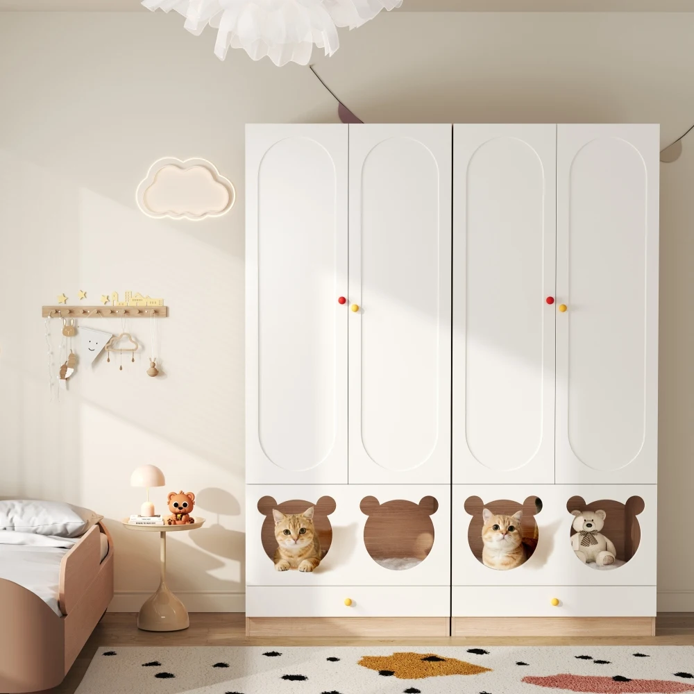 Armoire combinée pour enfants, 2 pièces, avec tige de repassage, avec lit de chat, plaques peintes + poignées en aggloméré et céramique 1
