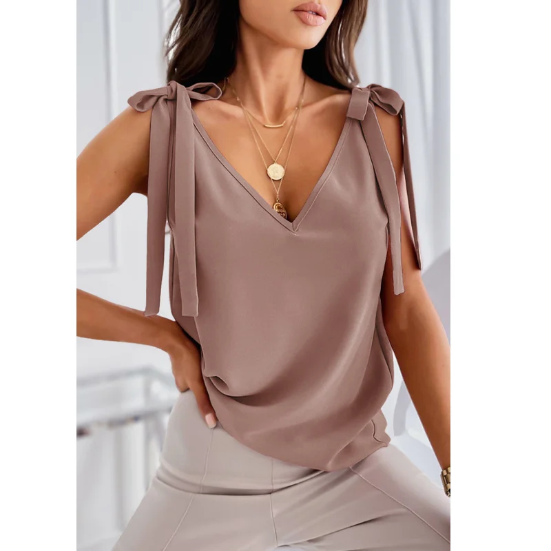 

Womens Tops Fashion Summer Female Clothing Sleeveless Blouse Women Sweet Corset Top Solid Blouses Chiffon OL Elegant Bow Blouses