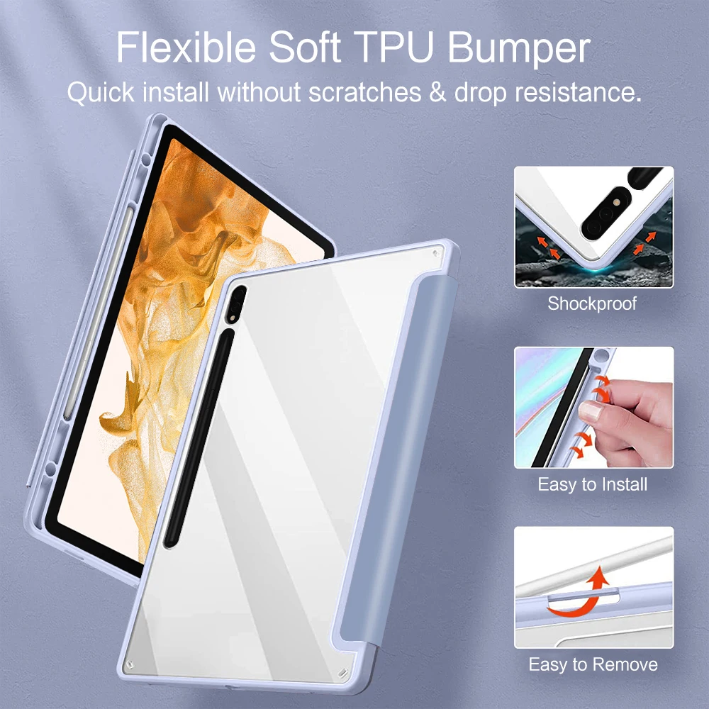 Clear Back Protective Case with Pencil Holder for Samsung Galaxy Tab S Series and Tab A Series Tablets