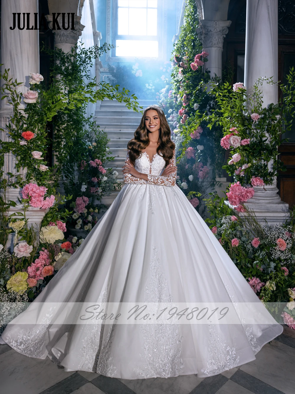 Julia Kui New Arrival Full Sleeves Ball Gown Wedding Dresses Beading Pearls Appliques Lace Sweetheart Bridal Skits 3