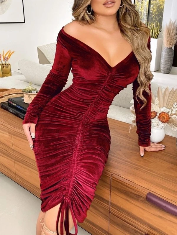 

Elegant and Pretty Women's Dresses 23 New Fashion Sexy Tight V-Neck Waistband Golden Velvet Long Sleeve Pencil Dress Spicy Girl