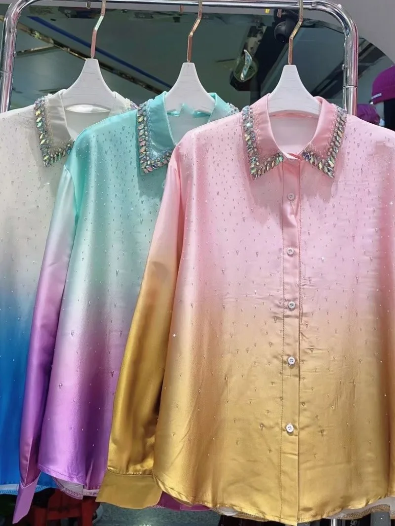 European Style 2024 Spring New Full Rhinestone Gradient Rhinestone Age-Reducing Mercerized Shirt For Women's Long Sleeved Blouse