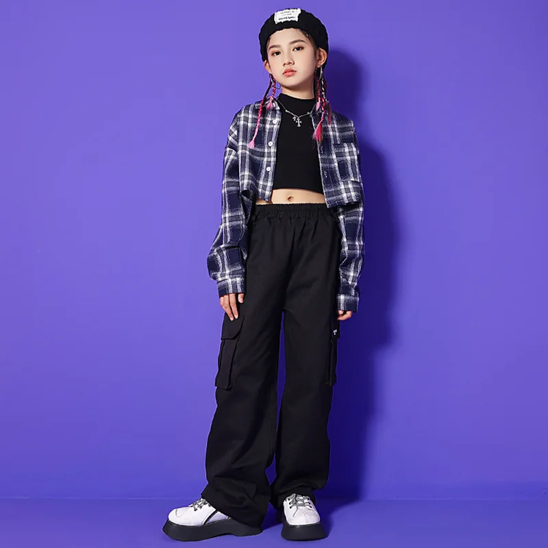 

New Kids Kpop Hip Hop Clothing Crop Long Sleeve Plaid T-shirt Top Jogger Cargo Pants Girls Jazz Dance Stage Costume 4-16Y