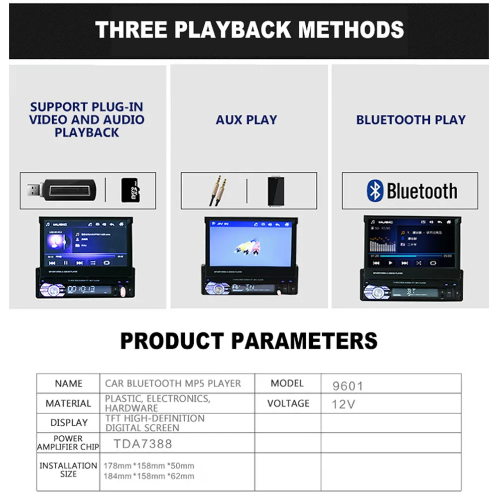 7 Inch Car MP5 Player Wireless bluetooth Player LCD Display Lossless Sound Quality Audio Support reversing video input TF card