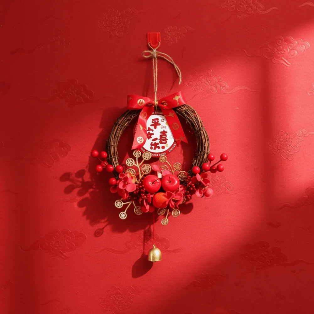 Traditional Chinese New Year Wreath Decorative Exquisite Hanging Wreath with Bell Rattan Artificial Floral Wreath Porch