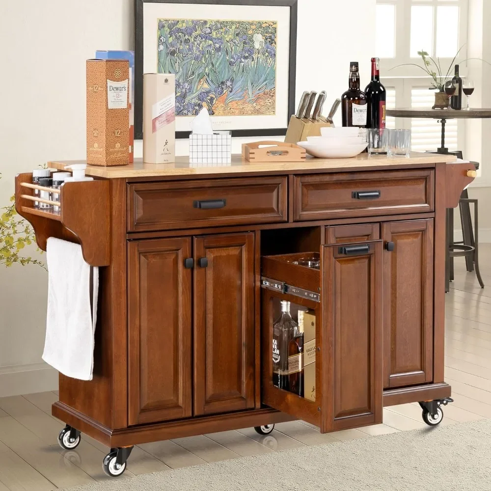 Rolling Kitchen Island Table on Wheels with Wood Top, Kitchen Island Cart with 4-Doors Storage Cabinet, 3-Drawers, Side Rack