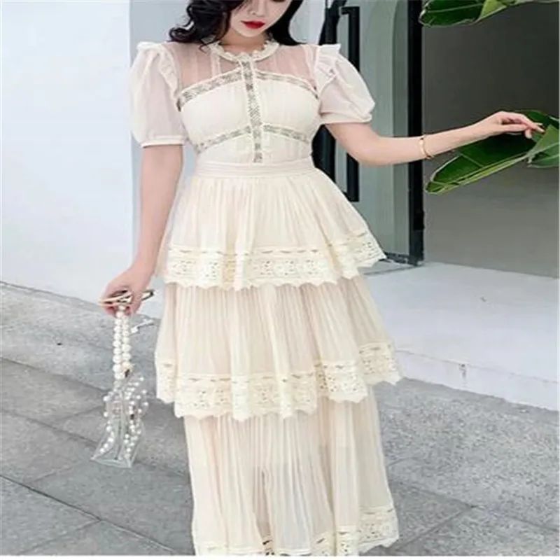 

2023 New Arrival Beige Lace Long Dress High Qulity Luxury Design Runway Dress Short Sleeve Ruffle Summer Dresses Vestidos