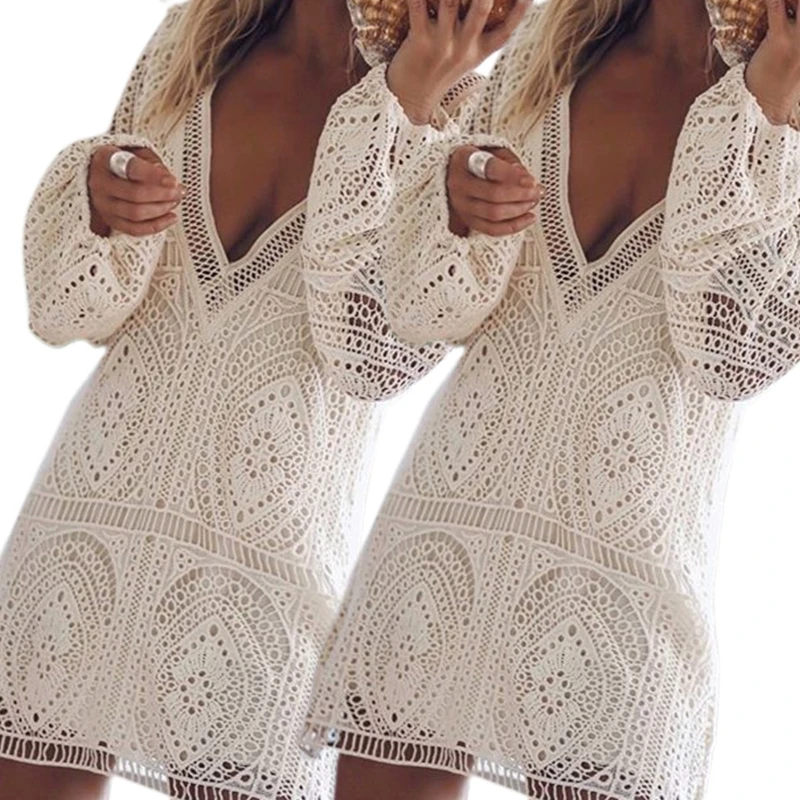 Women Puff Long Sleeve Sexy V-Neck Backless Hollow Crochet Knit Beach Mini Dress