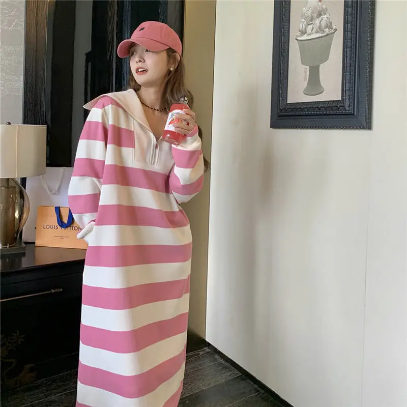 

Chic Contrast Striped Print Women's Sweater Dress Fashion Loose Midi Long Sleeved Robe 2024 Spring Lady Holiday Elegant Vestidos