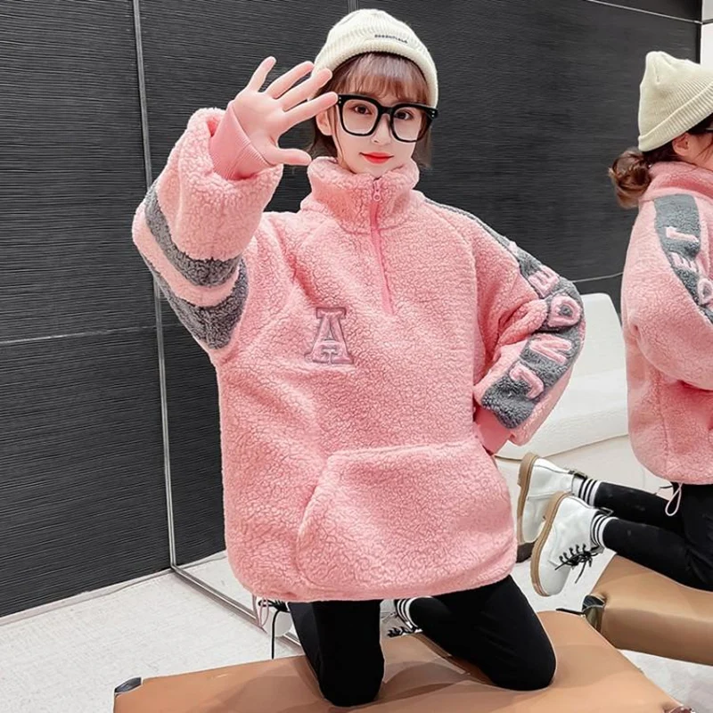 

Girls Kids Coat Jacket Overcoat Cotton 2022 Pink Warm Plus Thicken Velvet Winter Sports Teenager School Children's Clothing