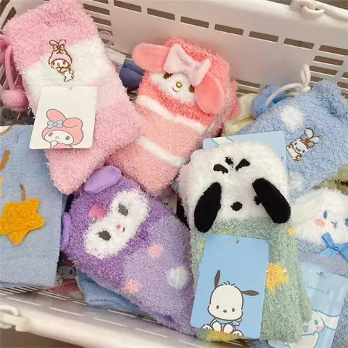 Sanrio Plush Socks Women Kuromi My Melody Anime Coral Fleece Socks Cute Warm Sleeping Floor Socks Thickened Home Mid-Tube Socks